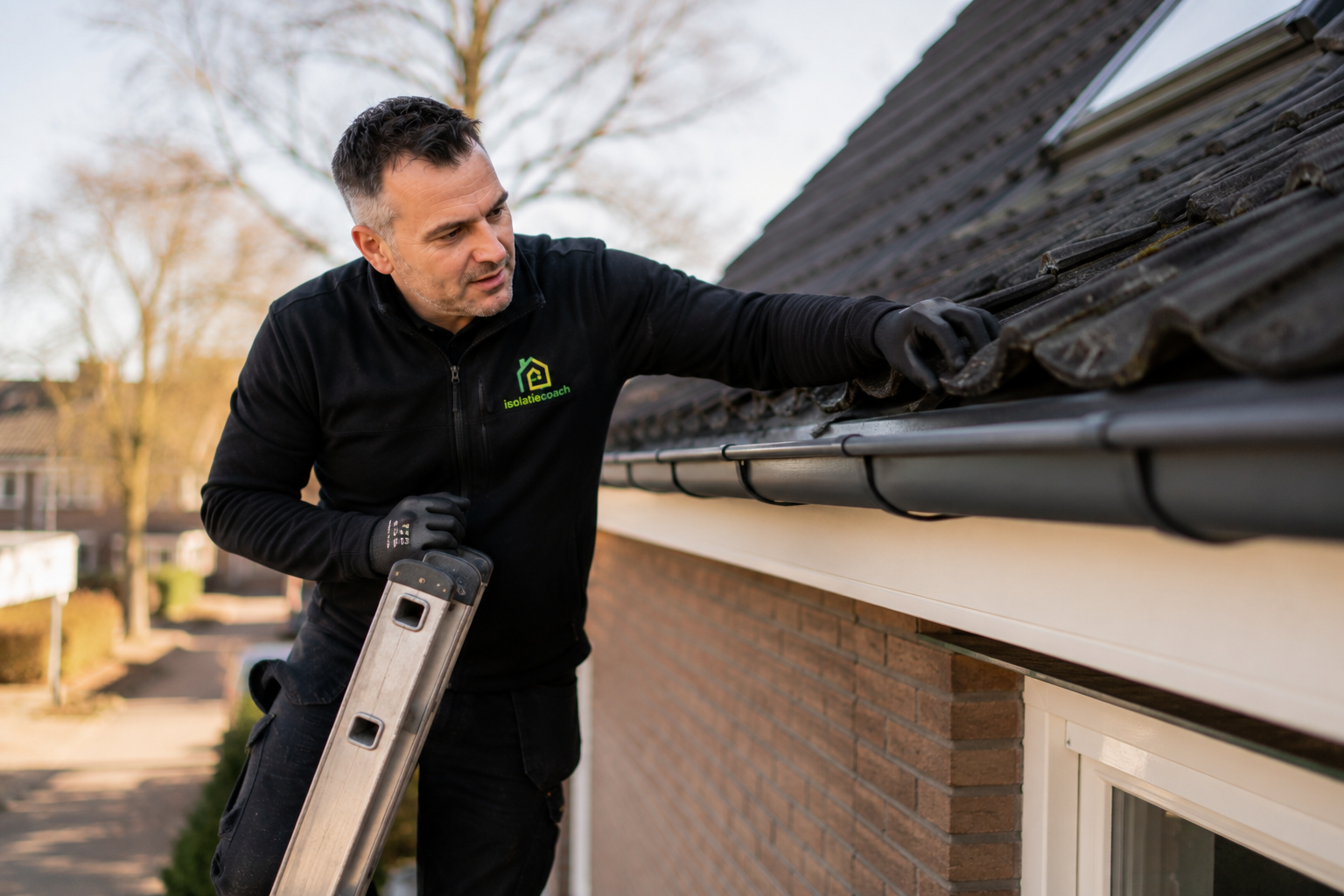 Isolatiecoach inspecteert dak en dakgoot tijdens woningcheck